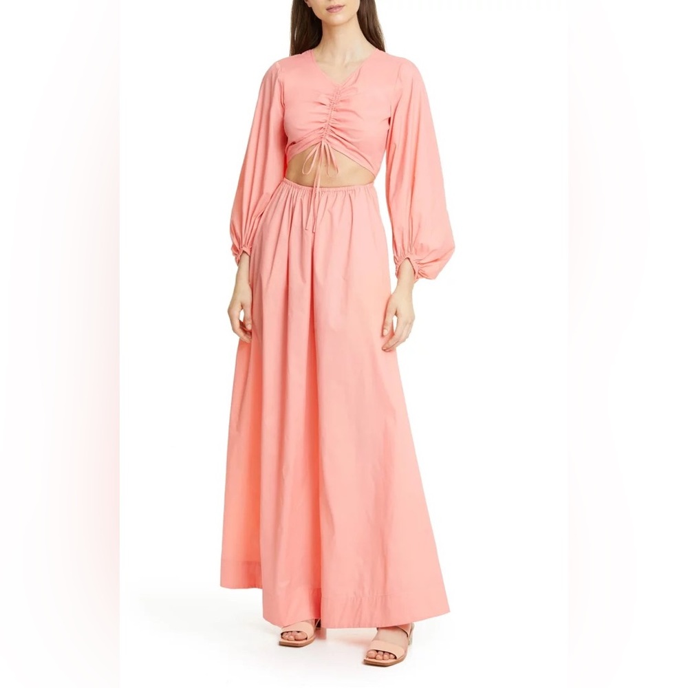 STAUD Pink Ruched Cutout Maxi Dress